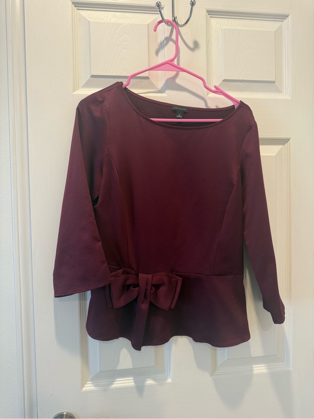 Ann Taylor Wine Bow-Peplum Long Sleeve Top